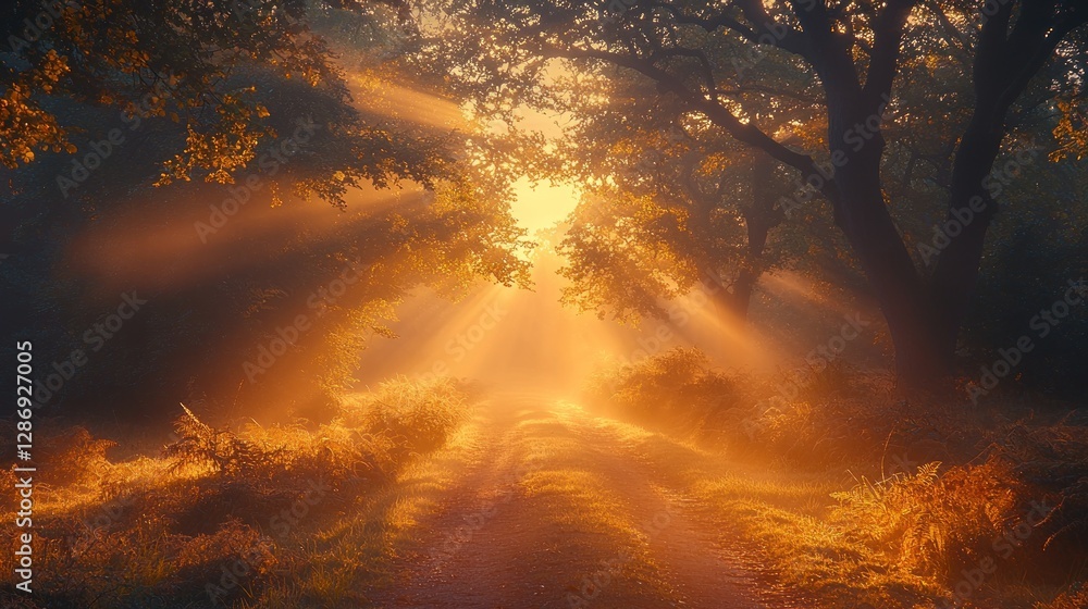 Poster Sun Rays Illuminating Path Through Forest Creating Magical and Warm Light