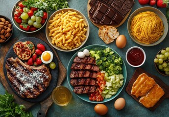 Vibrant and Delicious Spread of Fresh Ingredients and Cooked Dishes on Table, Perfect for Celebrating Culinary Moments and Sharing with Loved Ones