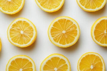 Fototapeta premium Slices of lemons arranged in a pattern on white