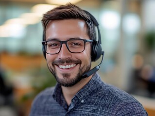 Cheerful Office Communication A Smiling Employee Engaged in a Phone Call with Headset Exuding Professional Warmth and Effective Business Connectivity