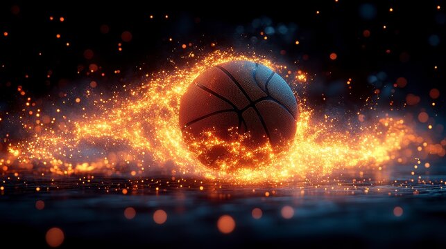A glowing basketball surrounded by dynamic shimmering golden particles - Powered by Adobe
