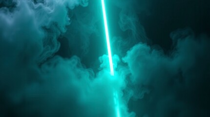Fototapeta premium A vibrant turquoise neon line cuts through a dense fog creating a striking visual effect.