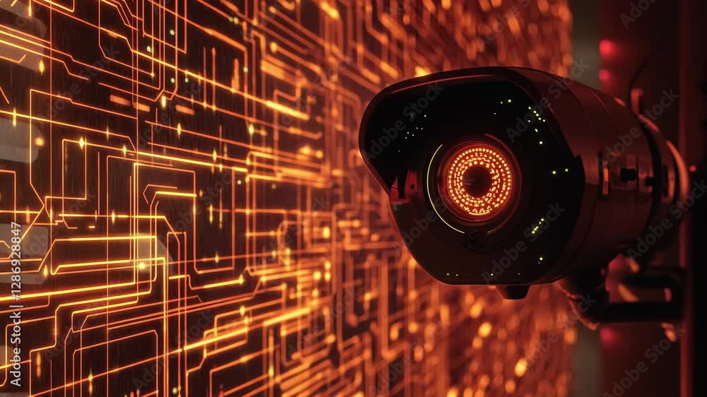 Aufkleber a security camera monitors glowing circuit designs on the wall in a futuristic setting with ambient 