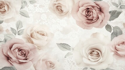 Obraz premium Pastel roses lace background fabric design