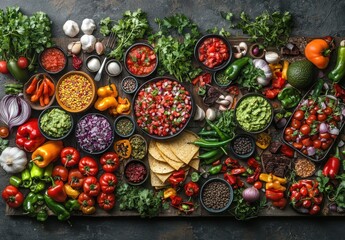 Fototapeta premium Vibrant Array of Fresh Ingredients for Healthy Cooking with Colorful Vegetables, Dips, and Tortilla Chips on Wooden Serving Board