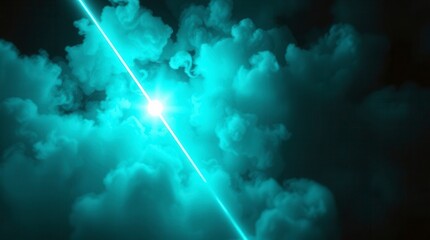 Fototapeta premium A teal laser beam cuts across billowing cumulus clouds in a dazzling display of light.