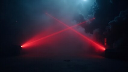 Obraz premium Dramatic red laser beams pierce through the heavy fog, creating a powerful and eerie visual.