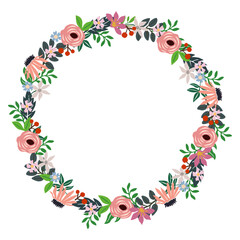 Floral wreath. Round frame decorated with colorful flowers and leaves. Design for invitation, wedding or greeting cards. Vector illustration isolated