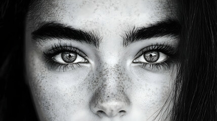 Naklejka premium Close-up black and white portrait of a young woman with expressive eyes, thick eyebrows, and prominent freckles.