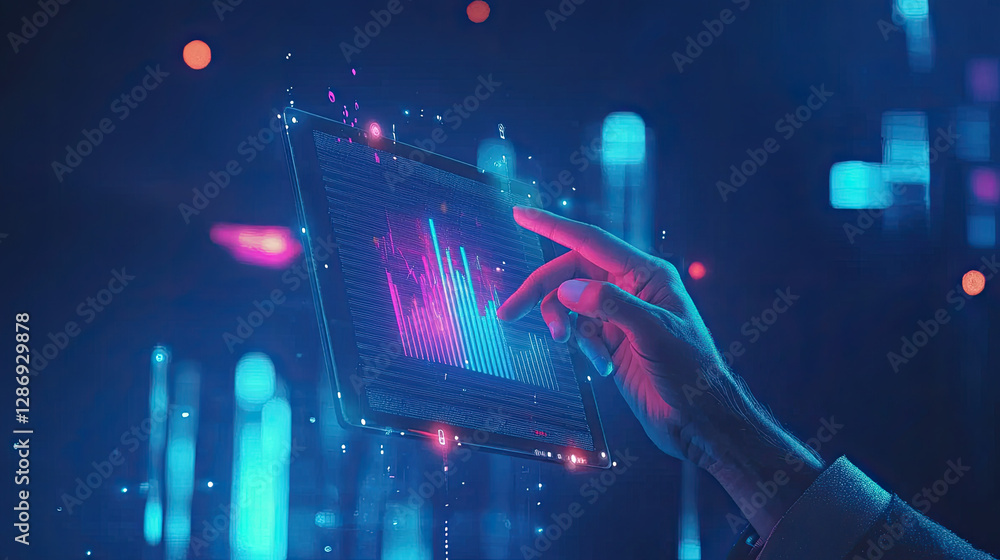 Poster futuristic tablet displaying dynamic data graphs, hand interaction