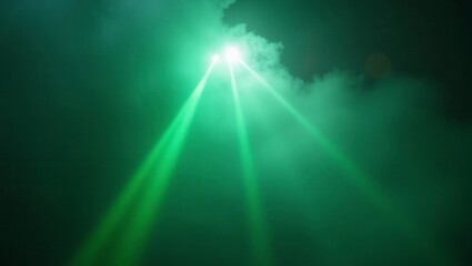 Green light rays shoot down through the smoke, illuminating a scene of mystery and intrigue.