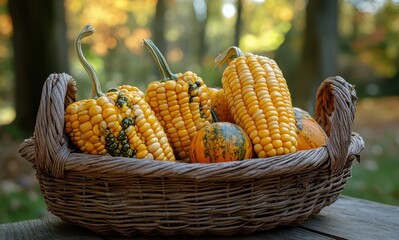 Vibrant Autumn Harvest Display Featuring Yellow Corn and Decorative Gourds in a Natural Setting with Soft Background and Warm Light