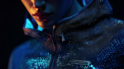 Smart fabric with micro-circuit integration, highlighting moisture-wicking and performance tracking capabilities