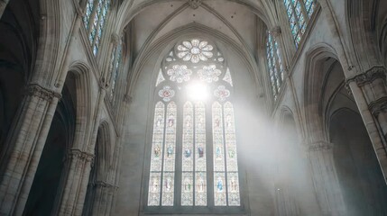 Fototapeta premium Sunlight through stained glass window in a cathedral