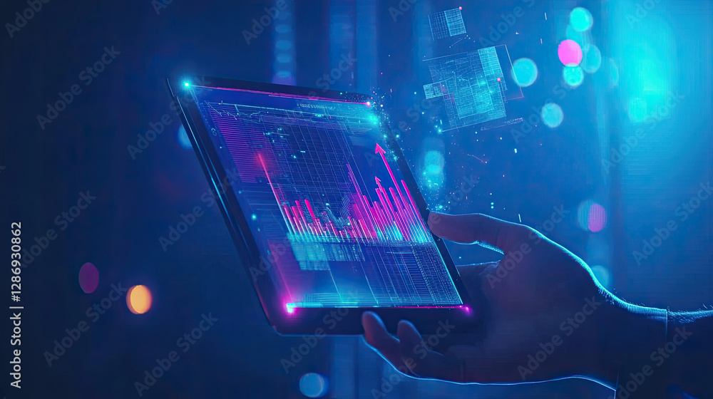 Poster futuristic tablet displaying upward trending financial data graphs