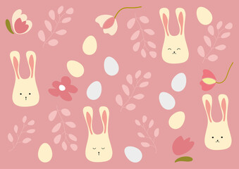 Eastern picture with cartoon bunnies and eggs on a pink  background.eps