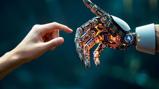 A human hand reaching out to meet a robotic hand in a futuristic setting, highlighting the convergence of technology and humanity in a modern environment