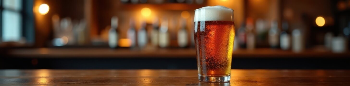 Full pint of real ale in traditional pub glass, dark wood bar, liquid, full, ale