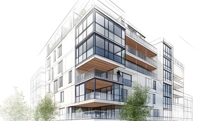 Detailed architectural sketch of modern glass and steel office high resolution picture