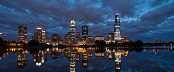 Fototapeta premium City skyline at dusk with vibrant reflections in water showcasing modern skyscrapers and dramatic cloud formations