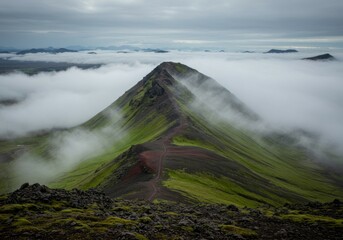 A surreal mountain scene in Iceland, where the mist blurs the boundary between earth and sky.