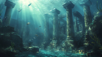 Obraz premium An enchanting view of an underwater ruin, featuring ancient pillars, soft light, and surrounding marine life in a serene, mystical setting. Ancient Ruins Underwater. Illustration