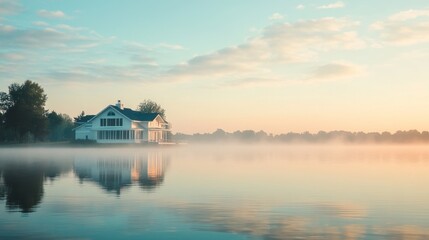 Fototapeta premium Lake House at Dawn with Fog and Water Reflections