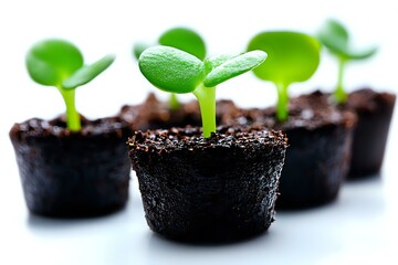 Young green seedlings growing in small peat pots with soil, showing first leaves and stems against light background. Fresh sprouts symbolize new beginnings.