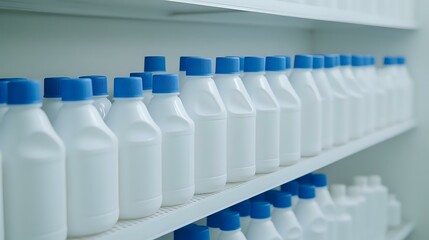 Row of white plastic bottles with blue caps lined up on retail store shelf, creating repetitive pattern. Clean minimalist composition for dairy or beverage packaging.