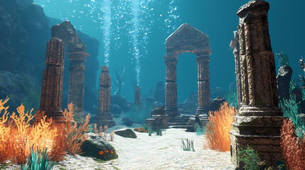 Aquatic adventure realm: shimmering scales, vibrant coral reefs, mythical sea creatures in a captivating underwater world. Ancient Ruins Underwater. Illustration