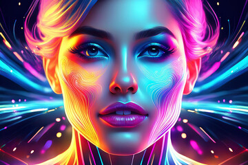 Futuristic Neon Portrait – Cyberpunk Woman with Vibrant Colors, Glowing Light Patterns, and Surreal Digital Aesthetics