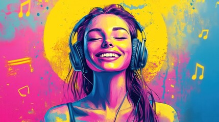 Modern and cool woman listening music on headphones with smiley and happy attitude on trendy color background