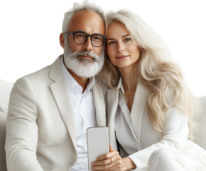 Blonde elderly couple emerging from a smartphone screen taking a selfie. PNG transparent.