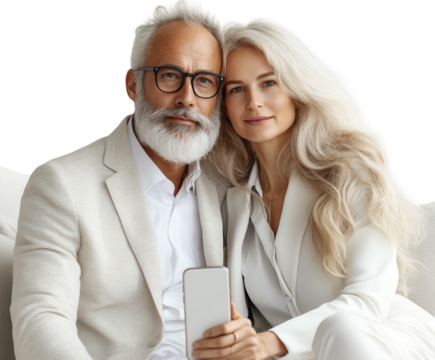 Blonde elderly couple emerging from a smartphone screen taking a selfie. PNG transparent.
