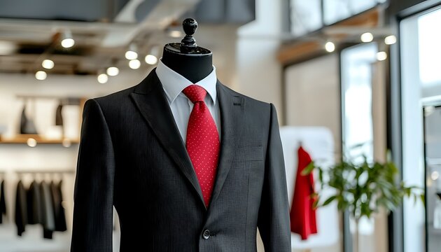Elegant black pinstripe suit with bright red tie displayed on mannequin in luxury menswear boutique, professional business attire against blurred retail interior.