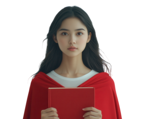 Asian girl with a superhero cape holding a book, inspired expression, dreaming of becoming a scientist. PNG transparent.