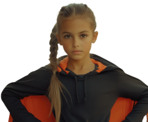 Latina girl wearing a superhero cape, hands on hips, confident and dreamy expression. PNG transparent.