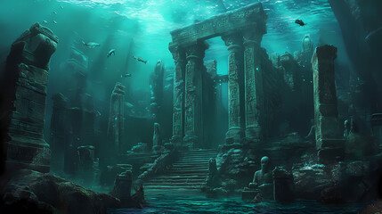Fantasy illustration of underwater view of submerged ruins of ancient city with stone figurines and walls. submerged. illustration. Ancient Ruins Underwater. Illustration