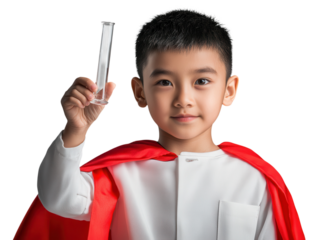 Chinese boy with superhero cape and lab coat holding a test tube, dreaming of becoming a scientist. PNG transparent.