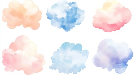 Colorful watercolor clouds on white background in pastel shades