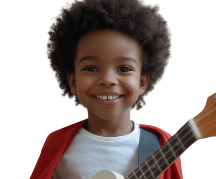 Afroamerican boy with superhero cape and toy guitar, joyful expression, dreaming of being a musician. PNG transparent.