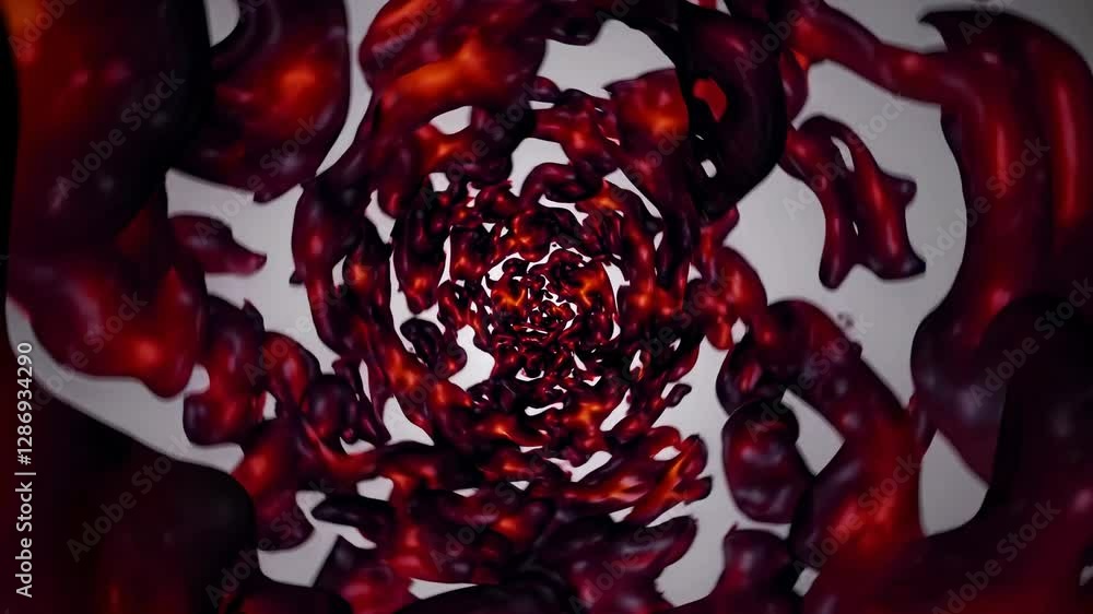 Poster abstract video of swirling red shapes forming a tunnel, captured from a central perspective, creatin