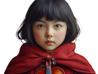 Asian girl with superhero cape and toy violin, focused expression, dreaming of becoming a violinist. PNG transparent.