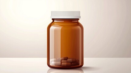 Brown medicine bottle with capsules on neutral background