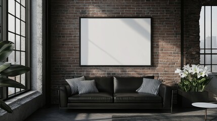 Fototapeta premium Modern Living Room Interior with Blank Frame, Sofa, and Brick Wall
