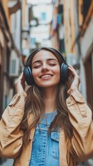 Modern and cool woman listening music on headphones with smiley and happy attitude on trendy color background
