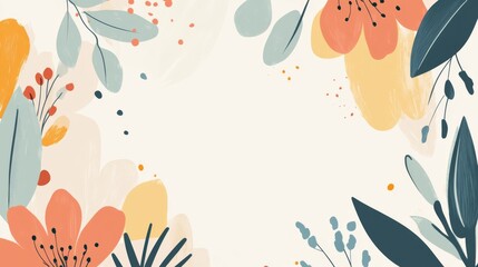 Colorful floral frame with abstract leaves and flowers on white background