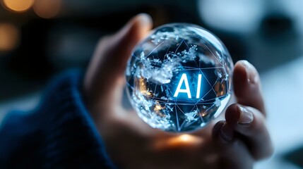 Crystal ball with glowing AI text and digital network connections held in hands against dark background with bokeh lights, representing future technology and artificial intelligence.