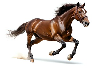 Obraz premium Bay horse galloping at full speed with flowing mane and tail, isolated on white background. Powerful equine motion captured in dynamic pose showing muscular strength.