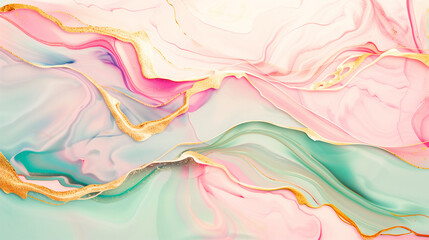 Obraz premium Abstract Flowing marble pastel background, with soft gradients of pastel colors like pink, blue, and green, with gold accents, a sense of luxury and elegance. a fluid and ethereal feel 
